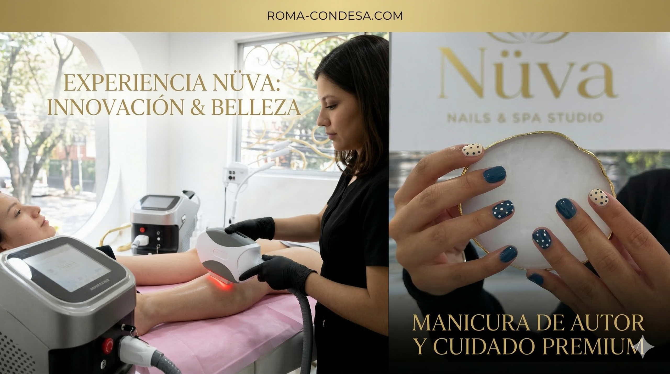 Gemini beauty scene in Roma-Condesa Magazine showing a technician performing a leg treatment with a handheld device at Nüva Nails & Spa Studio; client leg on pink sheet, blue nails with polka-dot accents visible.