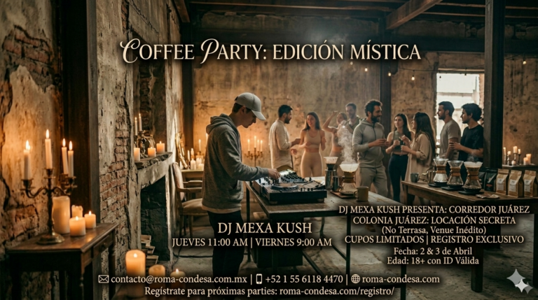 DJ MEXA KUSH performs at a dim candlelit, rustic brick loft during Coffee Party: Edición Mística, as guests mingle in the background; RomaCondesa tone.