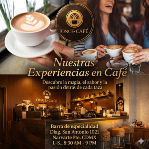 ONCE CAFÉ coffee scene with latte art in a white cup, warm brown tones, and a bustling counter featuring bar stools at RomaCondesa, conveying a vibrant cafe atmosphere.