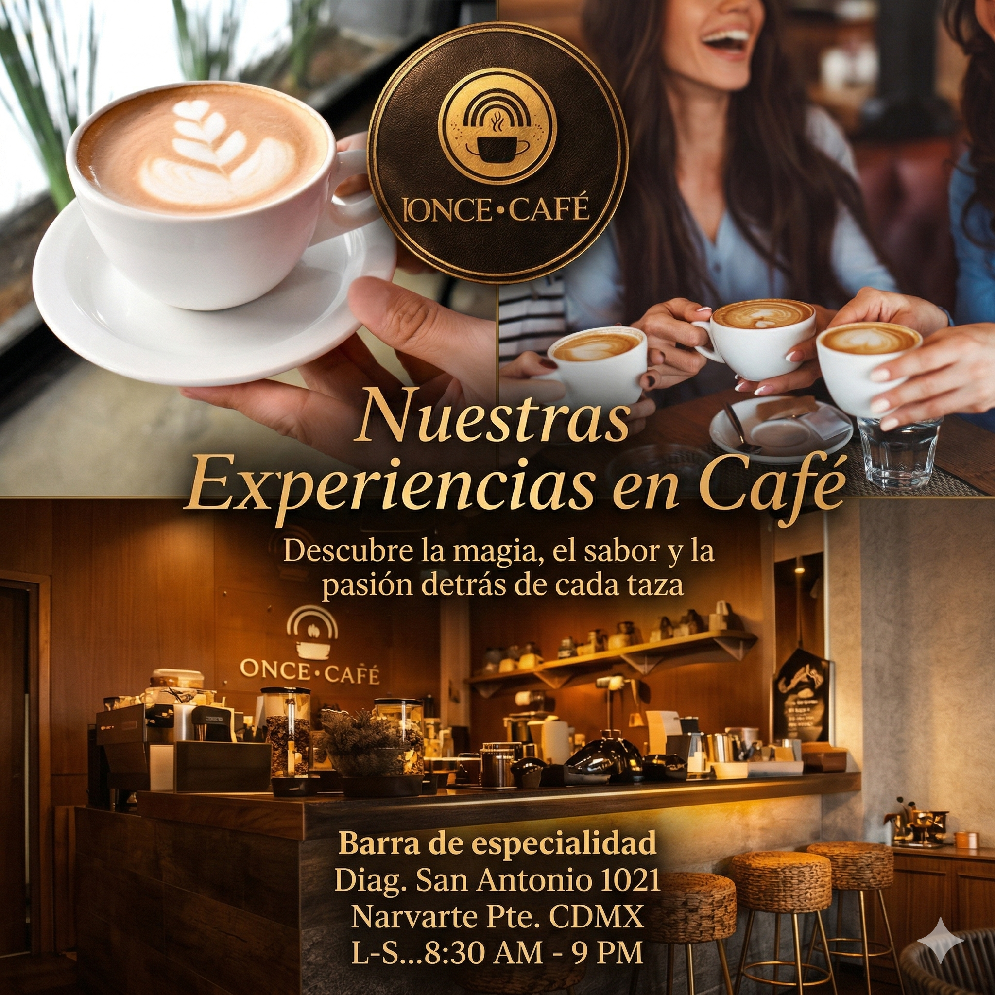 ONCE CAFÉ coffee scene with latte art in a white cup, warm brown tones, and a bustling counter featuring bar stools at RomaCondesa, conveying a vibrant cafe atmosphere.