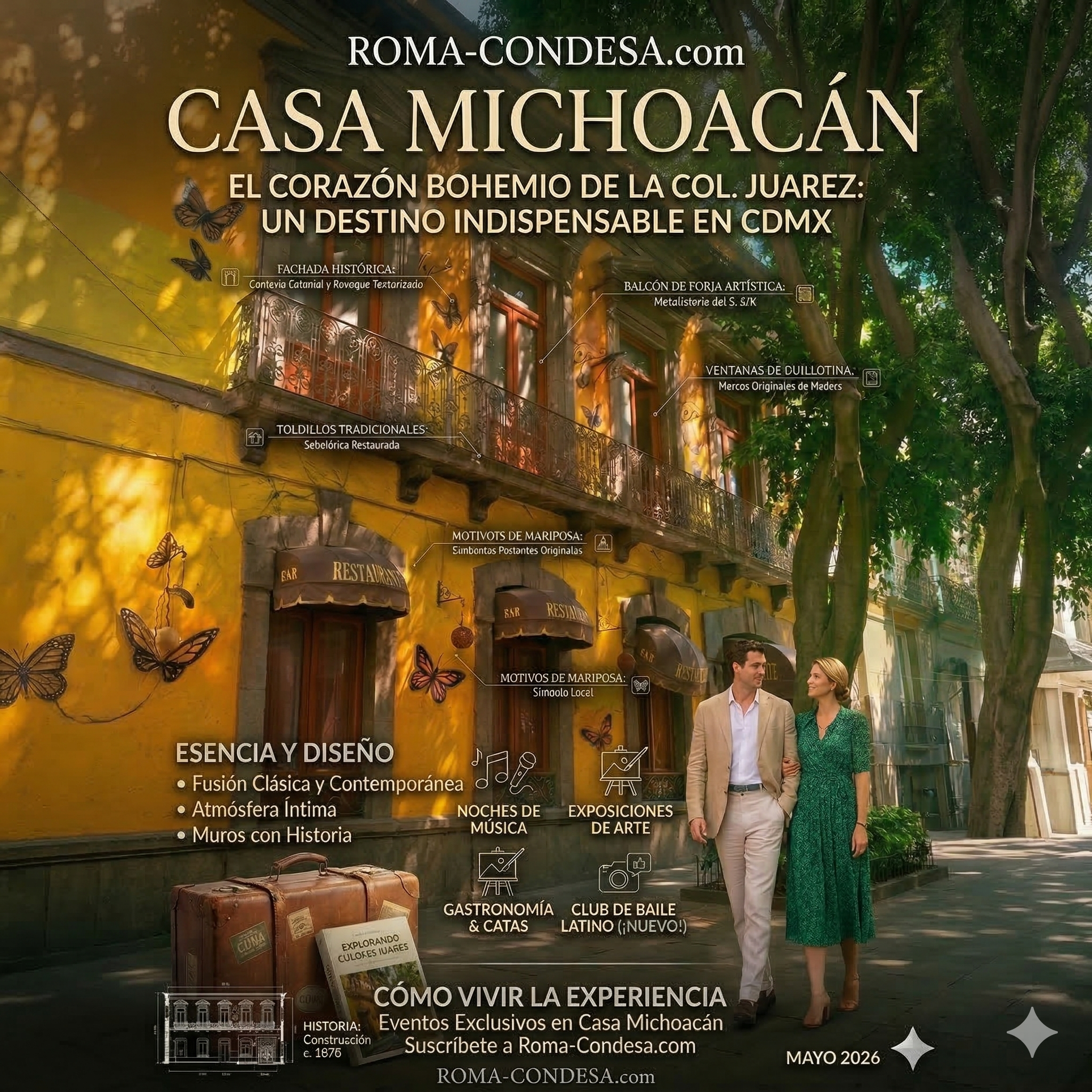 Gemini generated image of a couple walking past a bright yellow colonial building with butterflies, greenery, and signage for Roma-Condesa Casa Michoacán in CDMX.