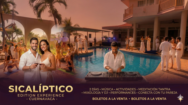 Couple in white outfits holding wine glasses beside a pool at sunset with a DJ mixing tracks; tropical palm trees, partygoers in white attire, and a warm orange haze, with SICALÍPTICO Edition Experience Cuernavaca text visible.