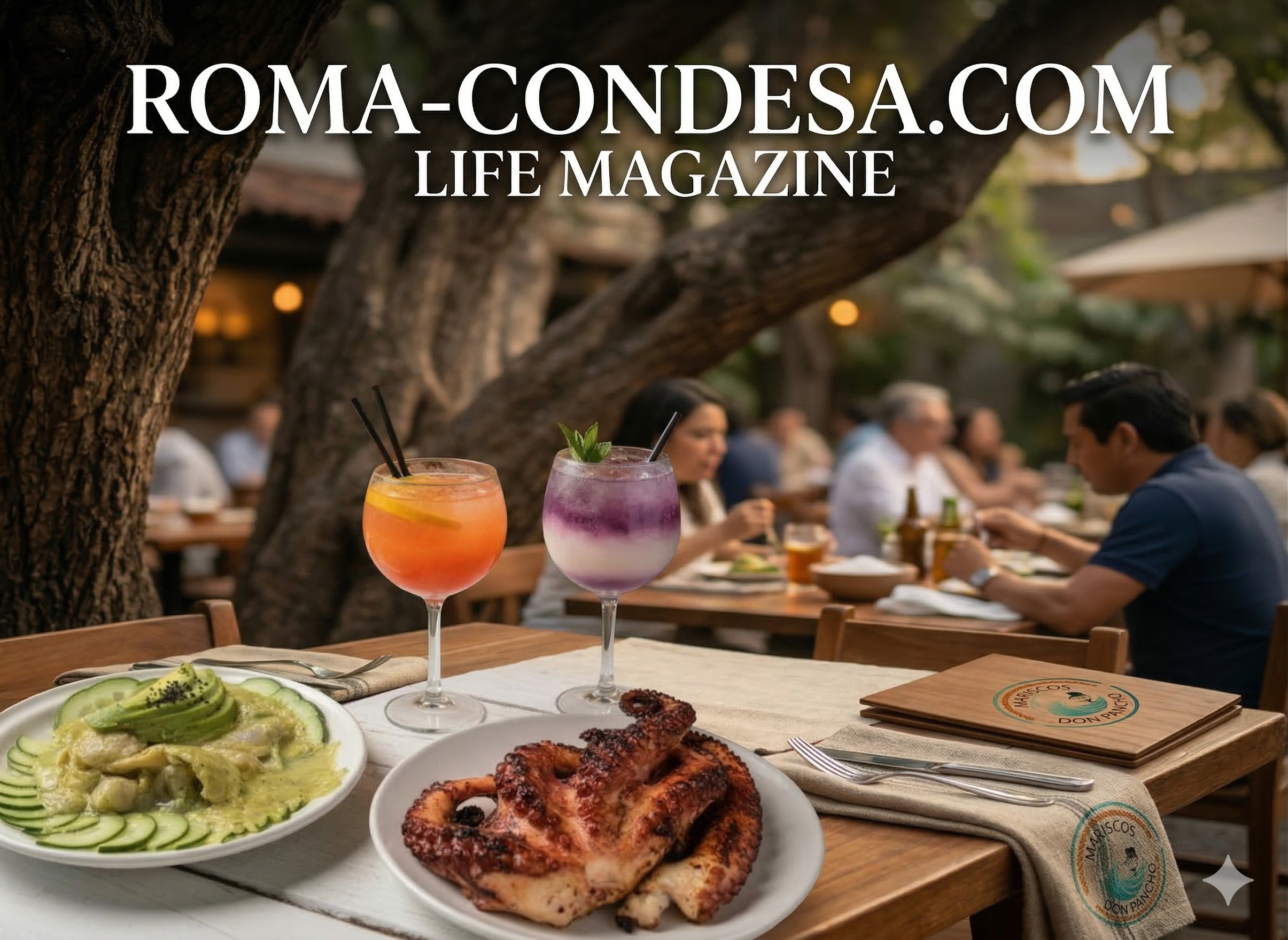 Gemini generated image of an outdoor Roma-Condesa Magazine dining scene featuring colorful cocktails and a grilled octopus dish on a wooden table