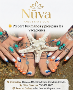 Nüva Nails & Spa Studio logo above hands and feet showcasing turquoise and orange-white nail art, silver rings, turquoise stones, and a starfish centerpiece on a sandy beach.