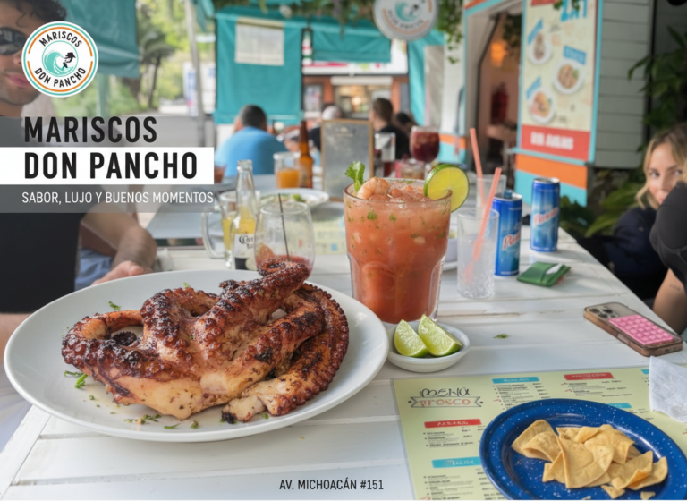 Roma Condesa outdoor dining scene with a large plate of grilled octopus, lime wedges, and drinks on a white table, featuring a branded banner and restaurant signage in the background.