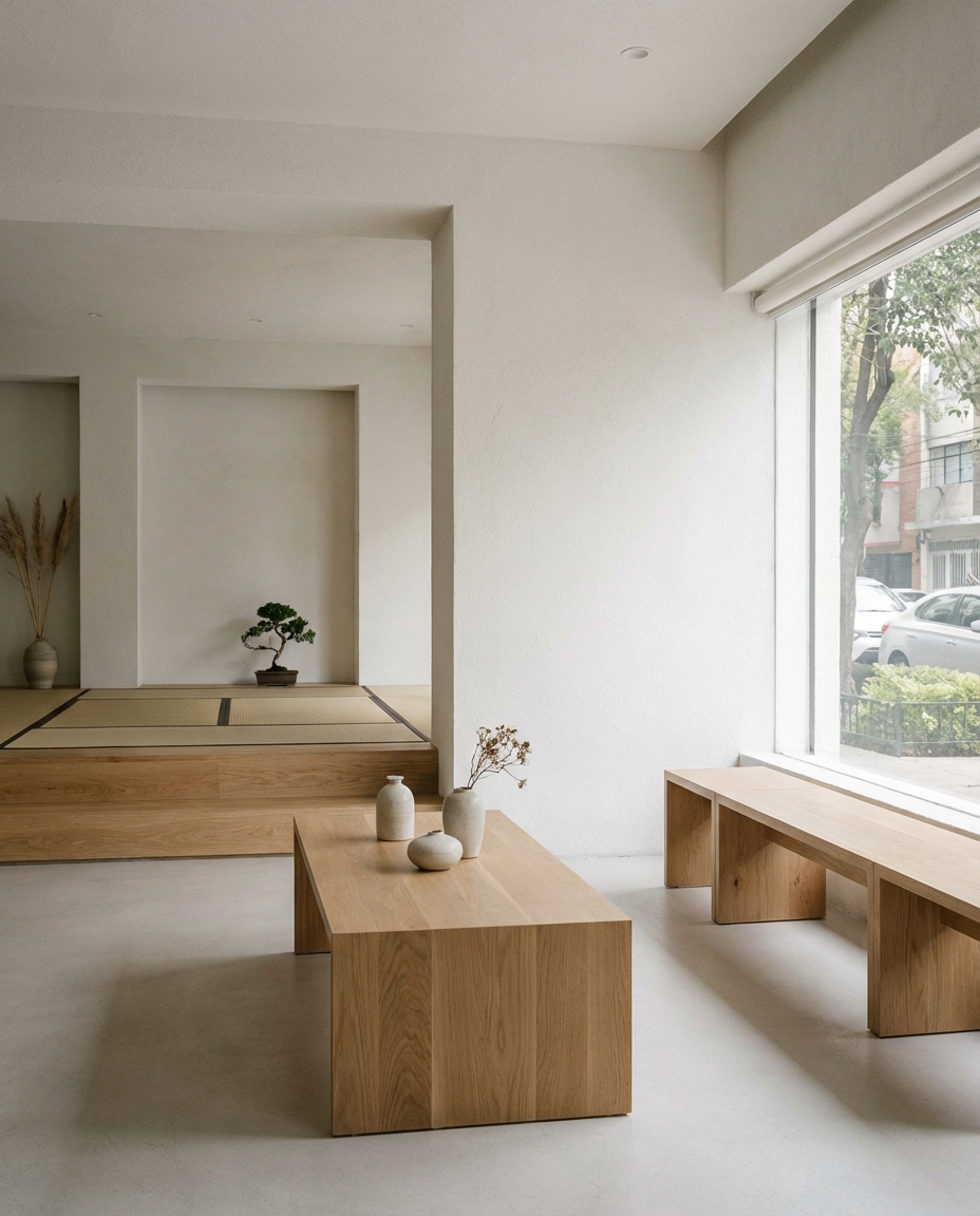 Minimalist interior with light walls, a tatami platform, and wooden benches; small ceramic vases and a bonsai on a low wooden table near a large window.