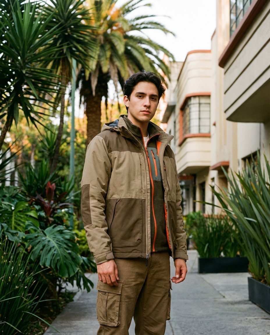 Young man standing in a palm-lined courtyard or street, wearing a tan and brown outdoor jacket with orange zipper accents and beige cargo pants, urban residential buildings in the background.