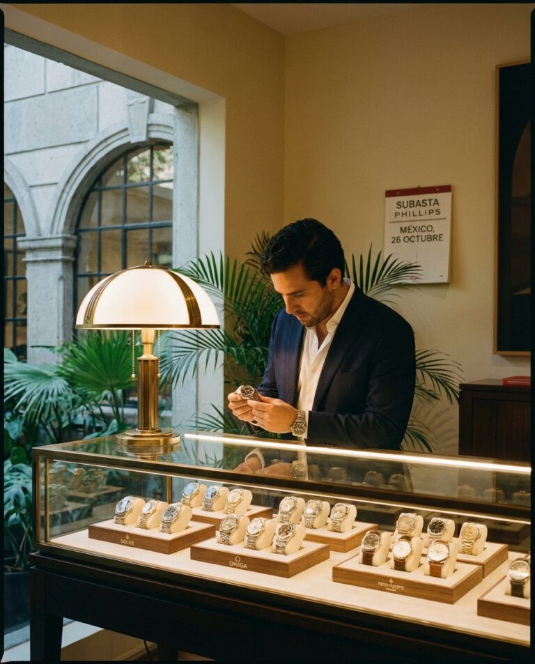 Man in a navy blazer and white shirt inspects a luxury wristwatch inside a glass display case filled with silver timepieces in a jewelry showroom setting.