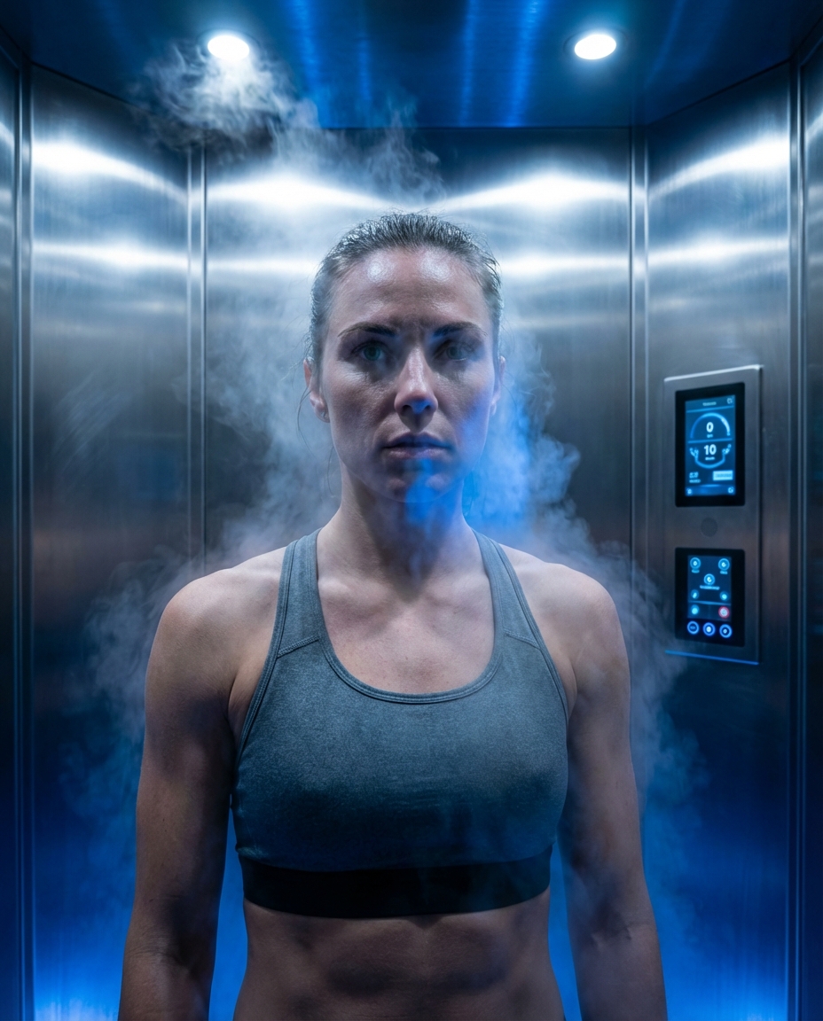 Athletic woman in a gray sports bra stands inside a metallic elevator, illuminated by blue lighting with wisps of steam surrounding her for a dramatic fitness-inspired portrait.