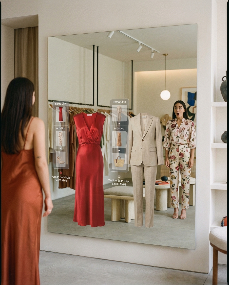 Romachic boutique window with a vivid red satin dress, a beige tailored suit, and a floral jumpsuit on display, reflected in a large wall mirror.