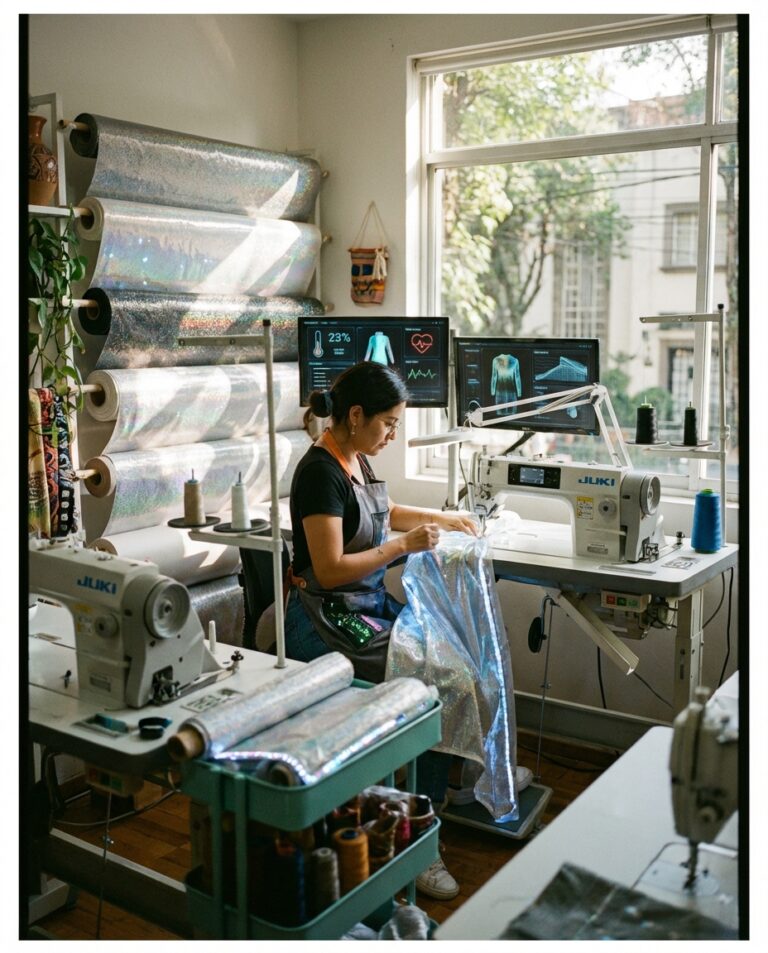 A woman sewing a shiny blue fabric at a sewing machine in a bright workspace with multiple screens displaying data.