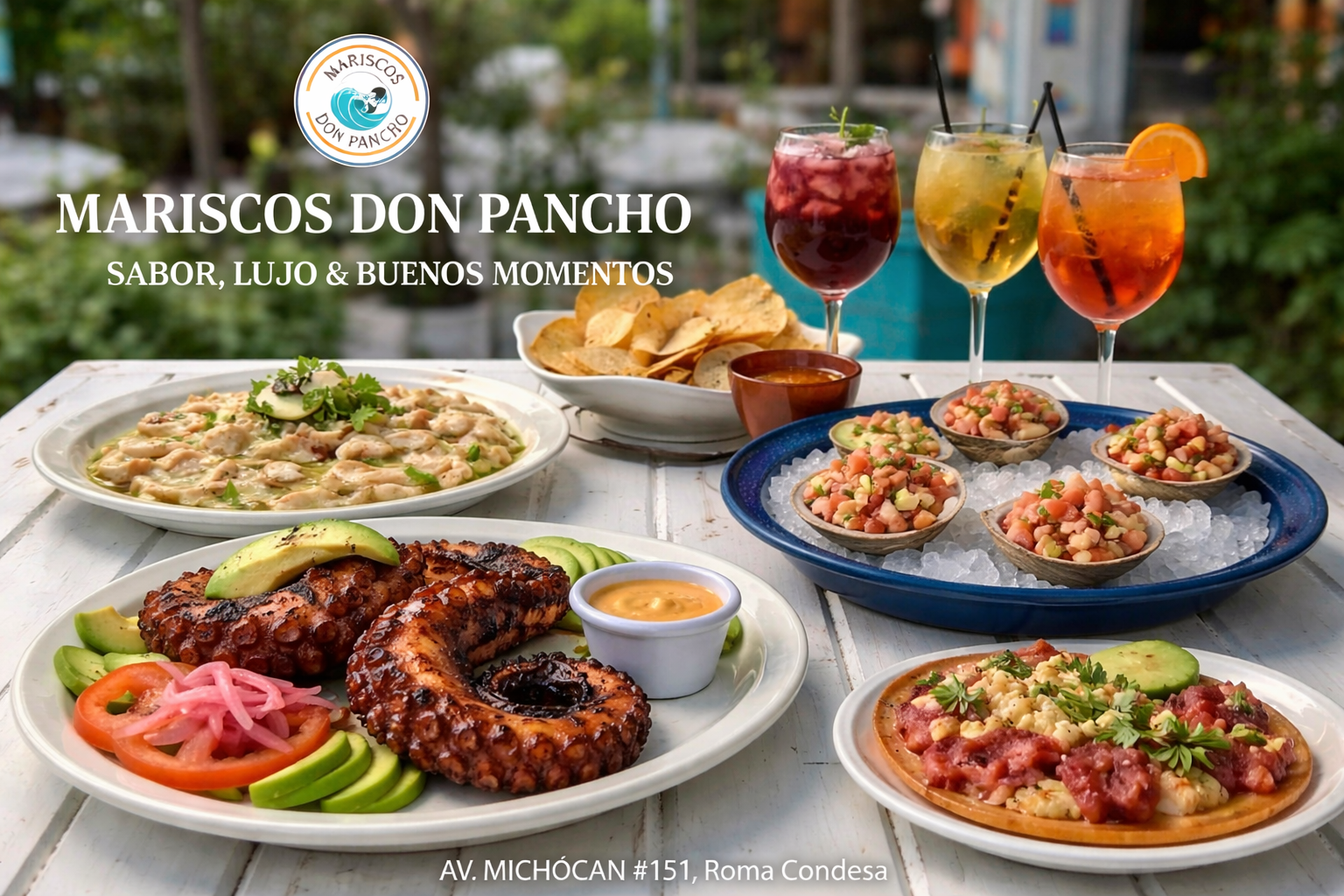 Mariscos Don Pancho seafood feast with orange ceviche tostadas, grilled octopus, lime, avocado, and colorful cocktails on a white table