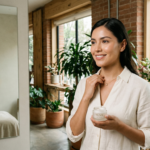 Woman in a cream linen shirt holding a NUVA Anti-Acne jar, standing by a wooden windowsill with plants and a flower arrangement, in a bright urban interior