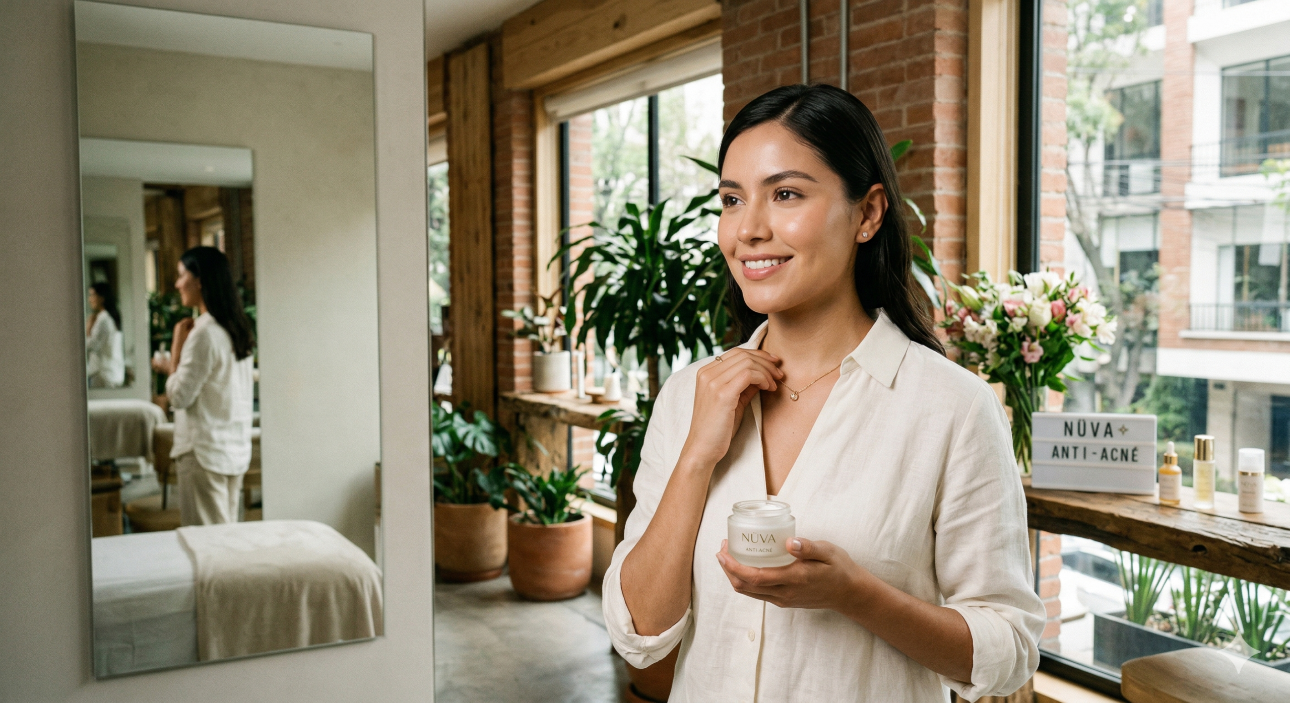 Woman in a cream linen shirt holding a NUVA Anti-Acne jar, standing by a wooden windowsill with plants and a flower arrangement, in a bright urban interior
