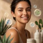 Bright portrait of a smiling woman with glowing skin, surrounded by translucent bubbles showing bacteria, with NOPAL and AGAVE skincare jars in the foreground.
