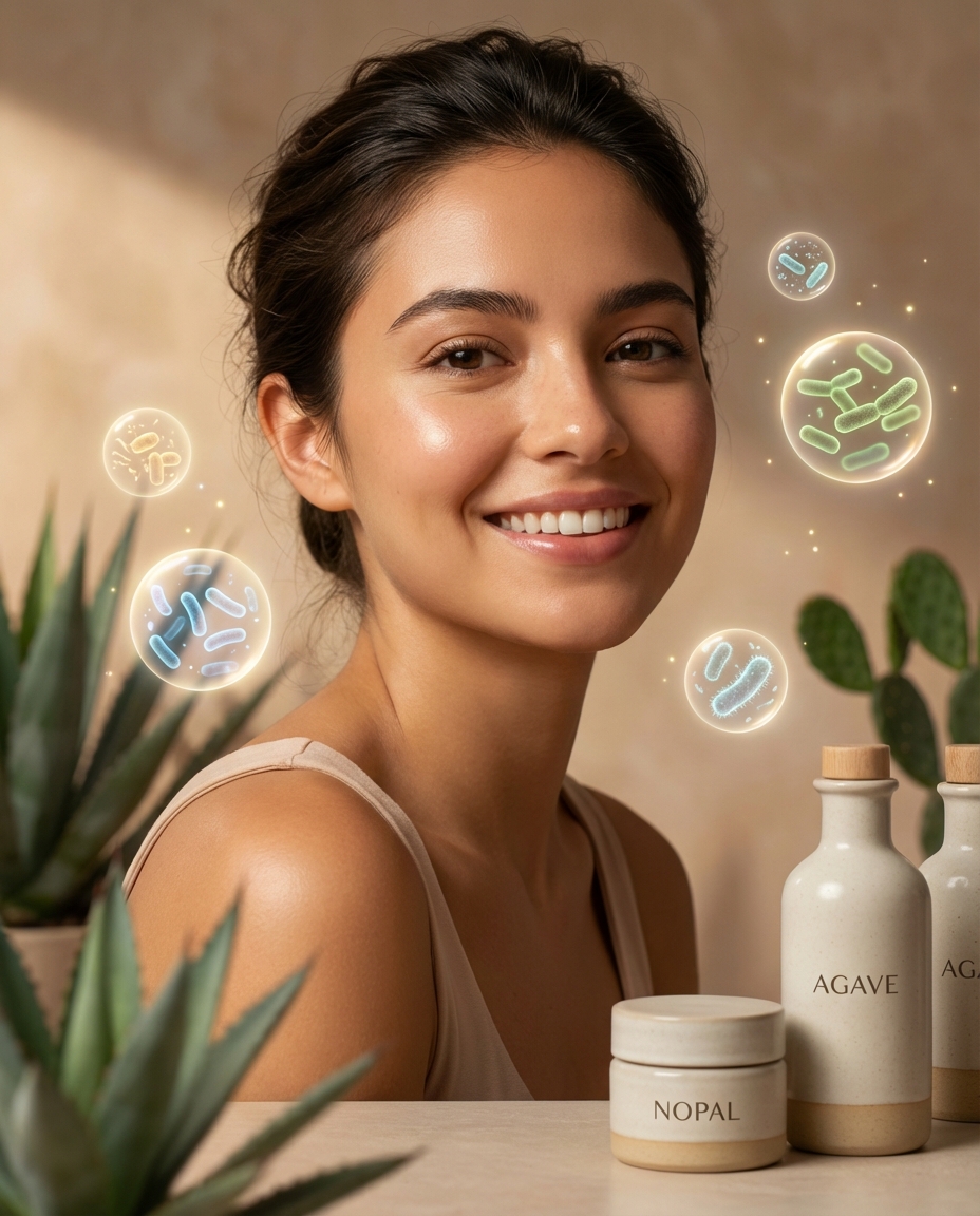 Bright portrait of a smiling woman with glowing skin, surrounded by translucent bubbles showing bacteria, with NOPAL and AGAVE skincare jars in the foreground.