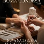 Roma-Condesa .com and Nüva Nails & Spa: El Arte del Detalle manicure hands with precision tools, warm beige tones and gold accents
