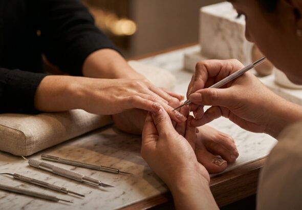 Roma-Condesa .com and Nüva Nails & Spa: El Arte del Detalle manicure hands with precision tools, warm beige tones and gold accents
