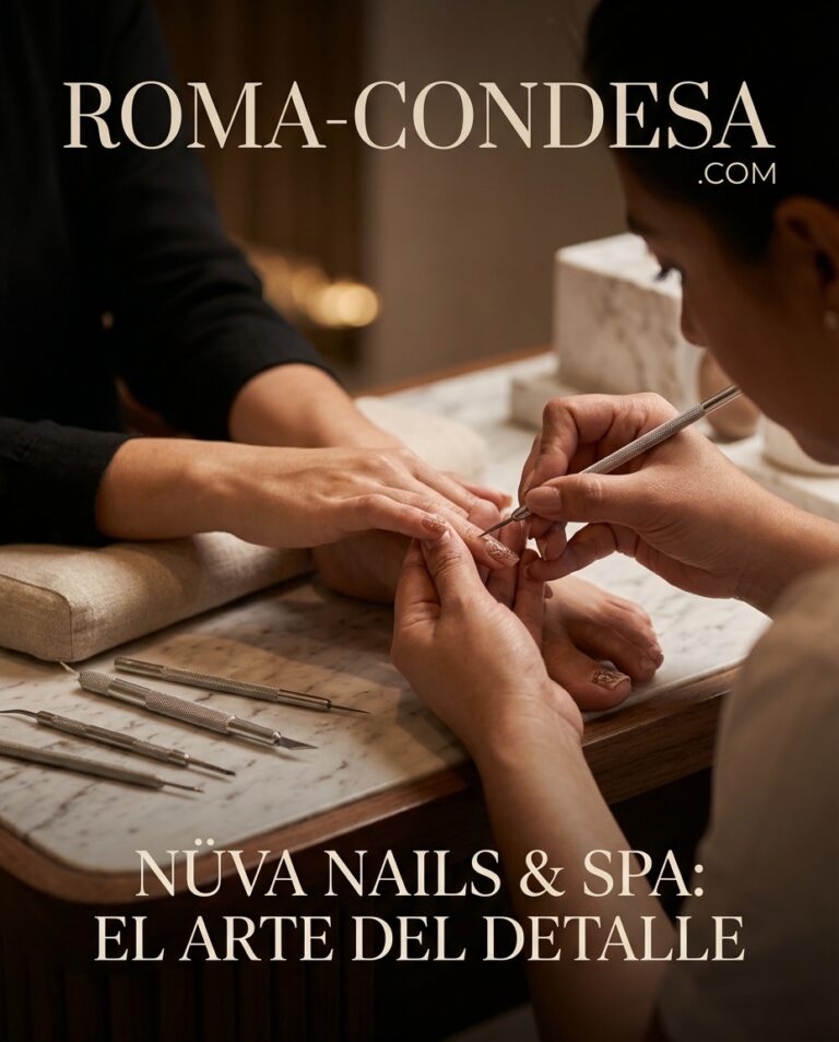 Roma-Condesa .com and Nüva Nails & Spa: El Arte del Detalle manicure hands with precision tools, warm beige tones and gold accents