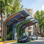 Outdoor solar-powered free Wi‑Fi station with arched canopy, blue and green LED lighting, solar panels, and street parking in a tree-lined boulevard