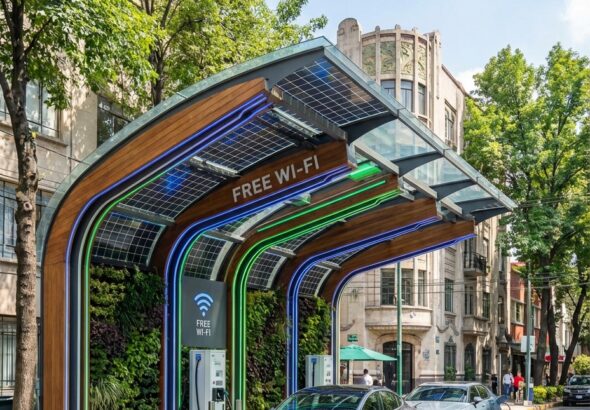 Outdoor solar-powered free Wi‑Fi station with arched canopy, blue and green LED lighting, solar panels, and street parking in a tree-lined boulevard