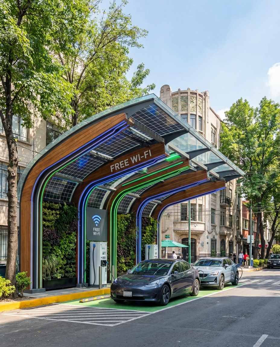 Outdoor solar-powered free Wi‑Fi station with arched canopy, blue and green LED lighting, solar panels, and street parking in a tree-lined boulevard