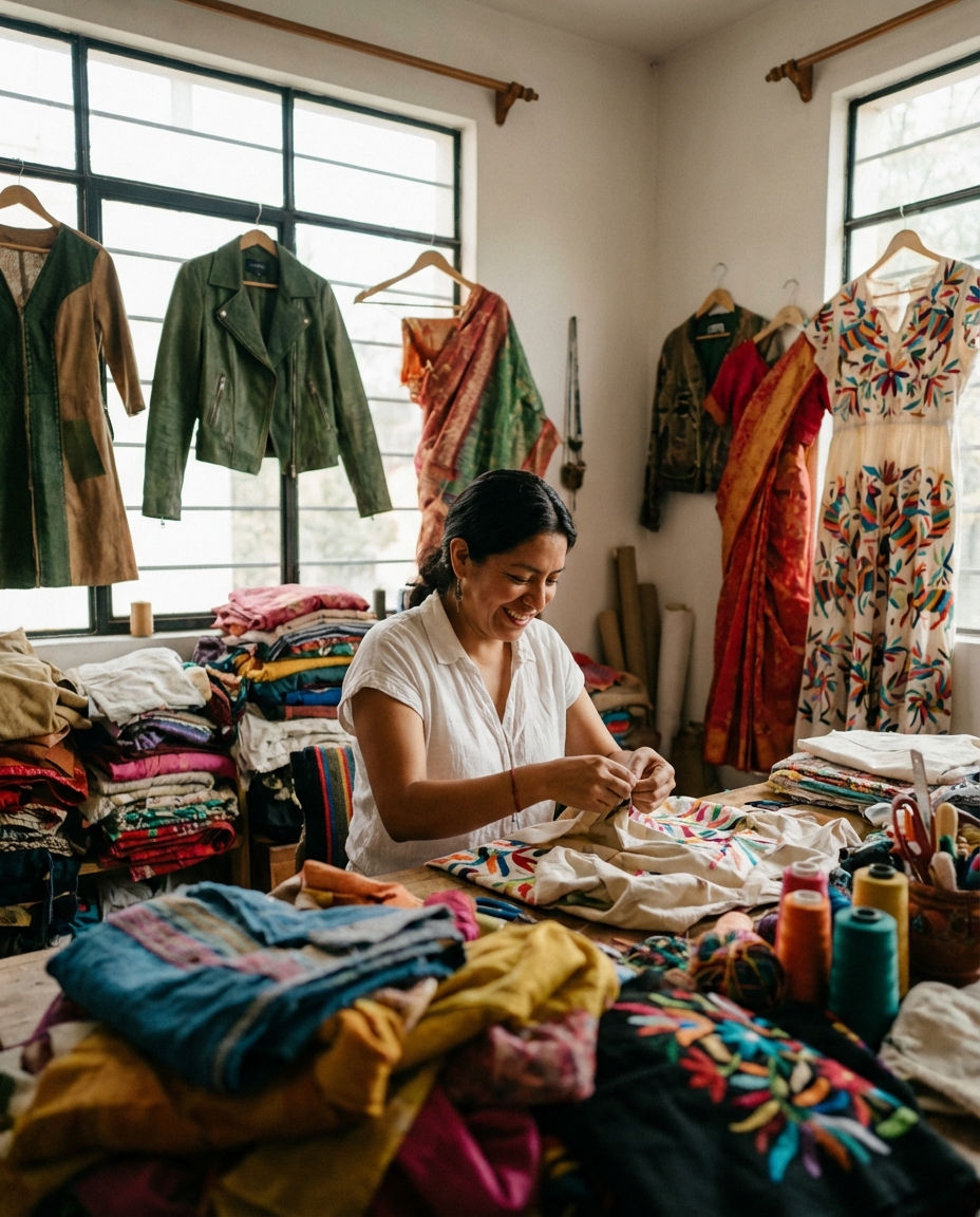 Colorful patterned fabric rolls and hanging dresses in a bright studio, with a woman in a white blouse adjusting a garment