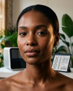 Portrait of a woman with dark skin and smooth features, short black hair, indoors near a tablet showing a DNA helix and a green plant in the background.