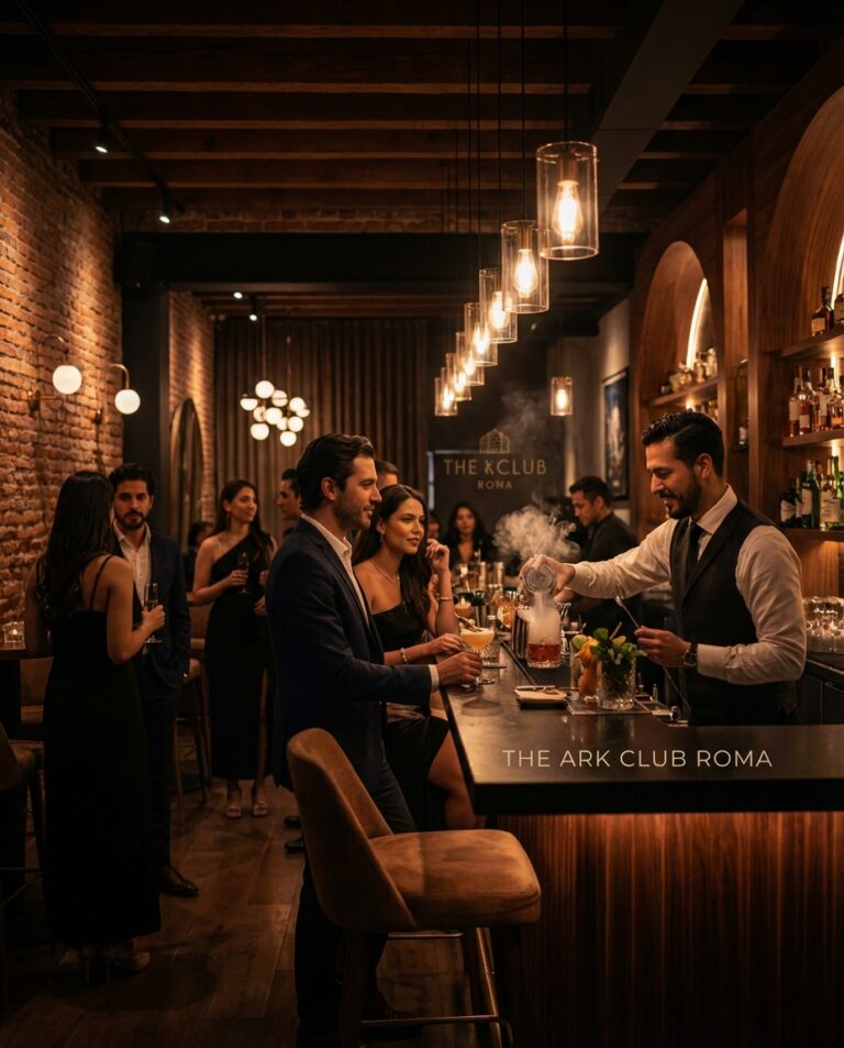 The Ark Club Roma bar scene with The X Club Koma signage, warm lighting, brick walls, glass bottles, and bartender pouring a drink in a stylish venue.