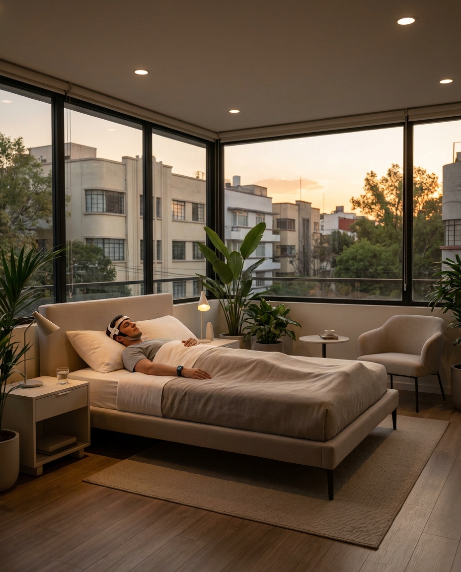 A calm modern bedroom with a man resting on a beige bed, warm ceiling lights, and large glass windows overlooking city buildings at sunset.