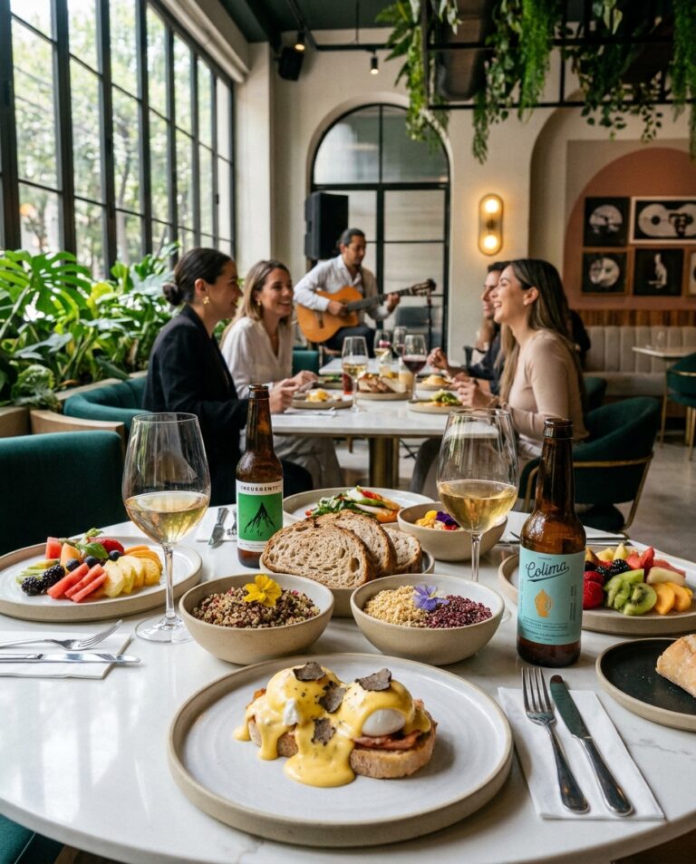 Brunch table with wine glasses, bread and bowls, and a “Colima” bottle, while friends dine in a bright space with arched windows.
