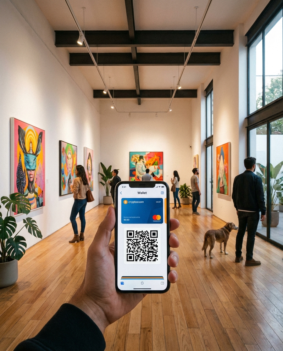 Hand holding a smartphone with a black-and-white QR code in a bright art gallery with wooden floors, large windows, and colorful paintings.