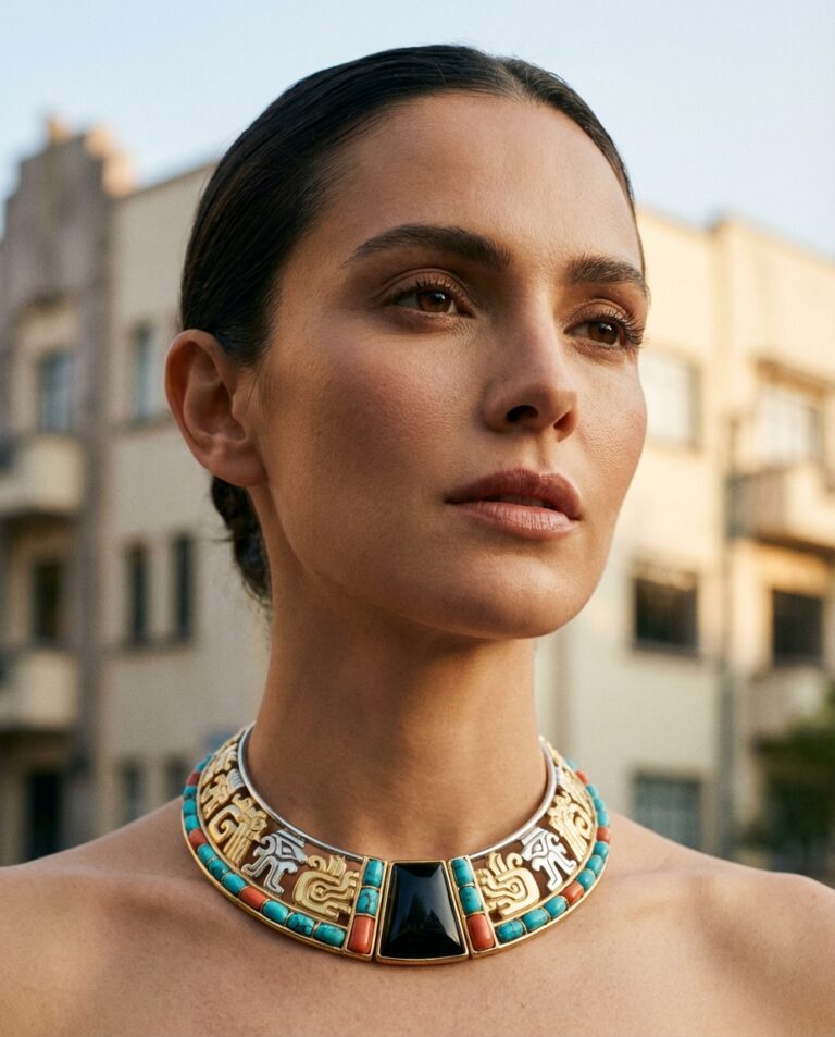 Close-up of a woman wearing a bold turquoise and coral beaded necklace with gold detailing, against a soft urban backdrop and warm daylight.