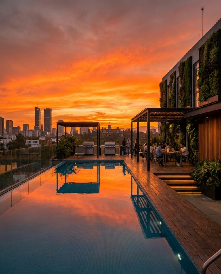 Warm orange sunset over a rooftop infinity-style pool with a wooden deck, modern building walls lined with greenery and city skyline in the distance.