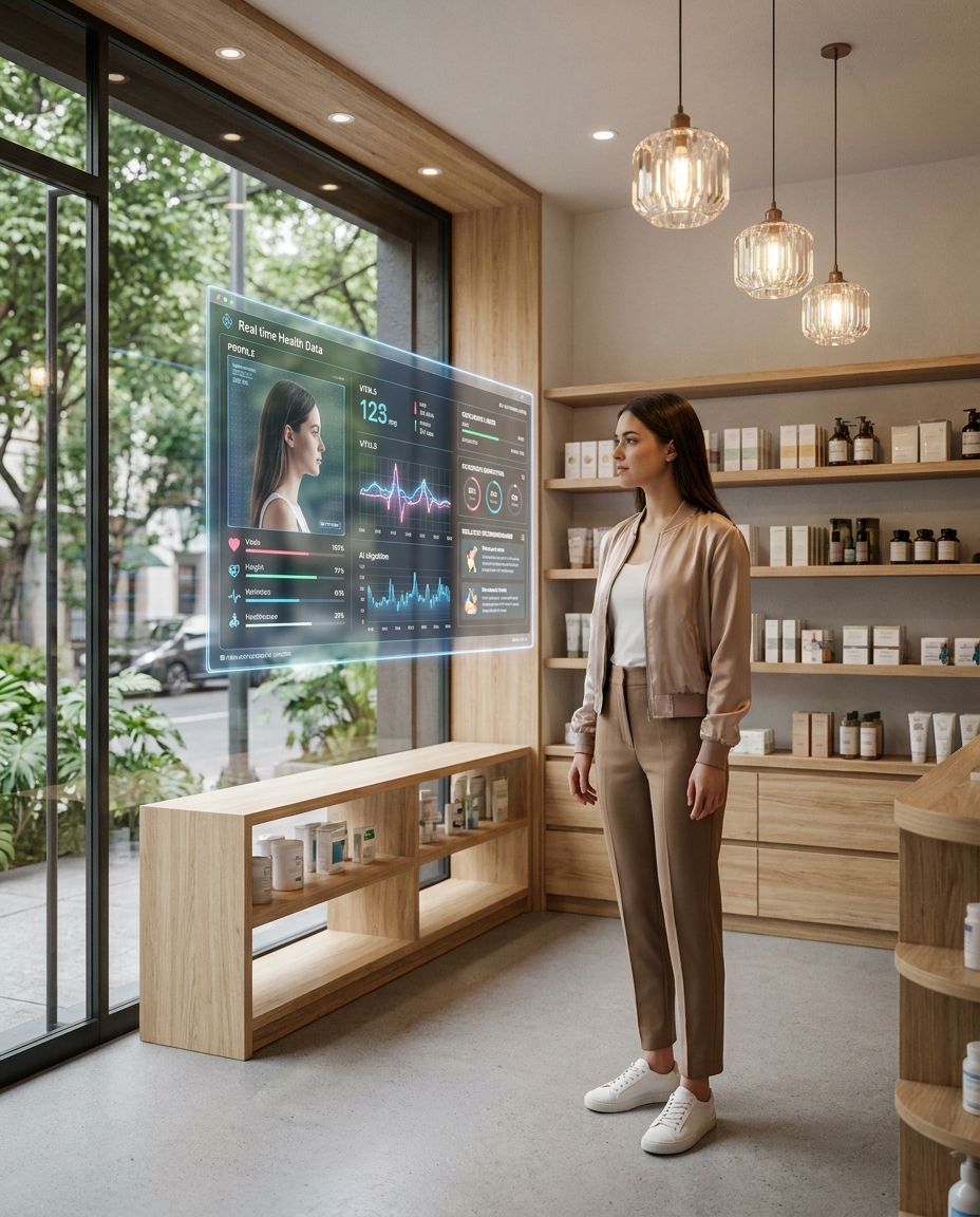 In a neutral-toned wellness space, a woman stands beside a glowing screen showing real-time health data and graphs.