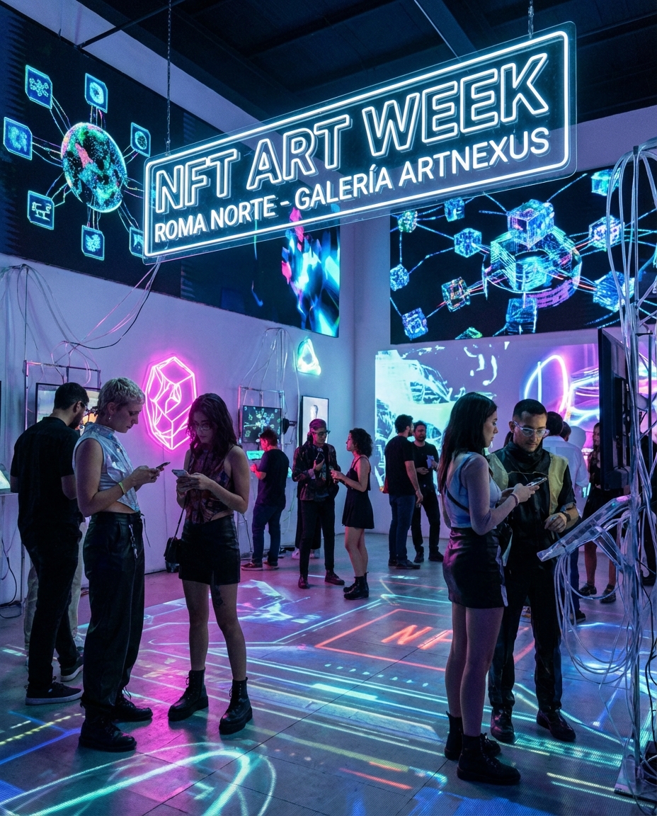 Neon-lit NFT Art Week sign reading NFT ART WEEK with Roma Norte - Galería Artnexus, as attendees in edgy outfits browse digital displays and glow-lit floors.