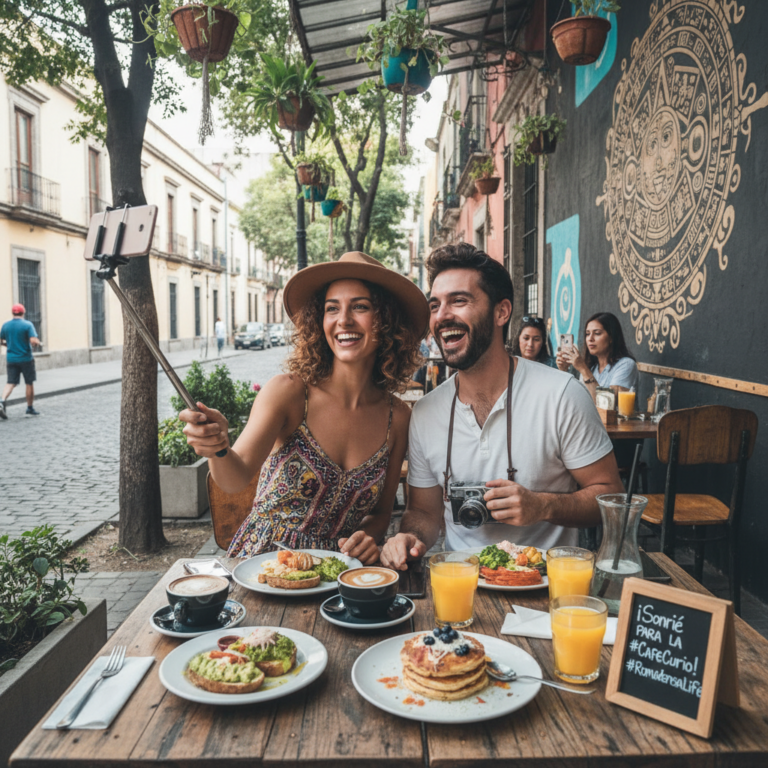 Smiling couple at an outdoor café table with orange juice and a straw hat, next to a colorful hand-painted mural wall.