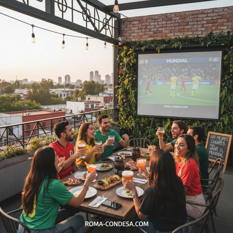 Friends at an outdoor terrace with a brick wall and string lights, toasting with beer glasses while watching a match on a screen showing “MUNDIAL”.