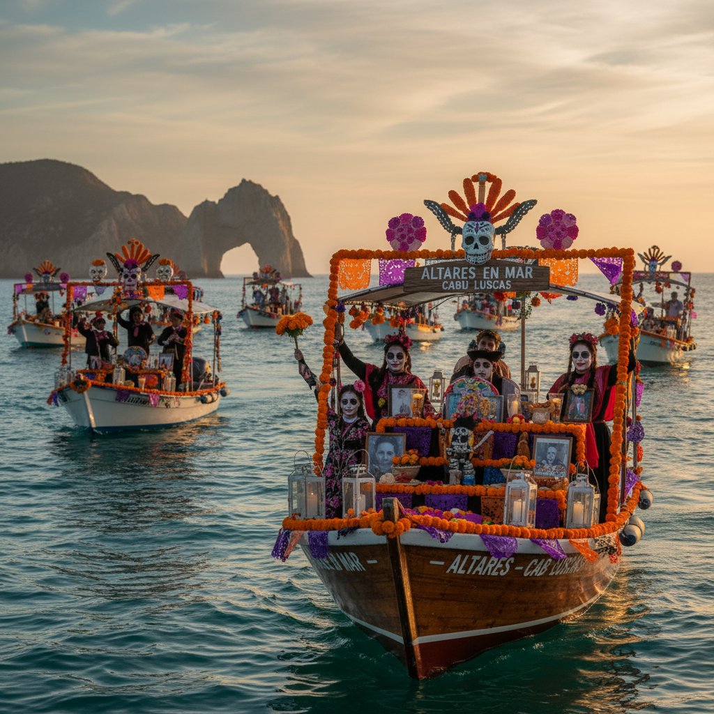 Decorated boats carry marigold-orange altars at sunset on open water, with sugar skull masks and the text “ALTAReS EN MAR CABUL LUCAS”.