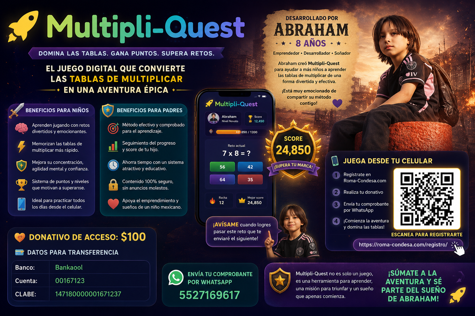 In Roma Condesa KIDS, Multipli-Quest shows Abraham, 8 years old, alongside a tablet game for multiplication tables, a QR code, and donation details.