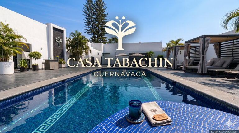 La piscina de Casa Tabachin en Cuernavaca luce un azul profundo y brillante; se aprecia el texto “CASA TABACHIN CUERNAVACA”.