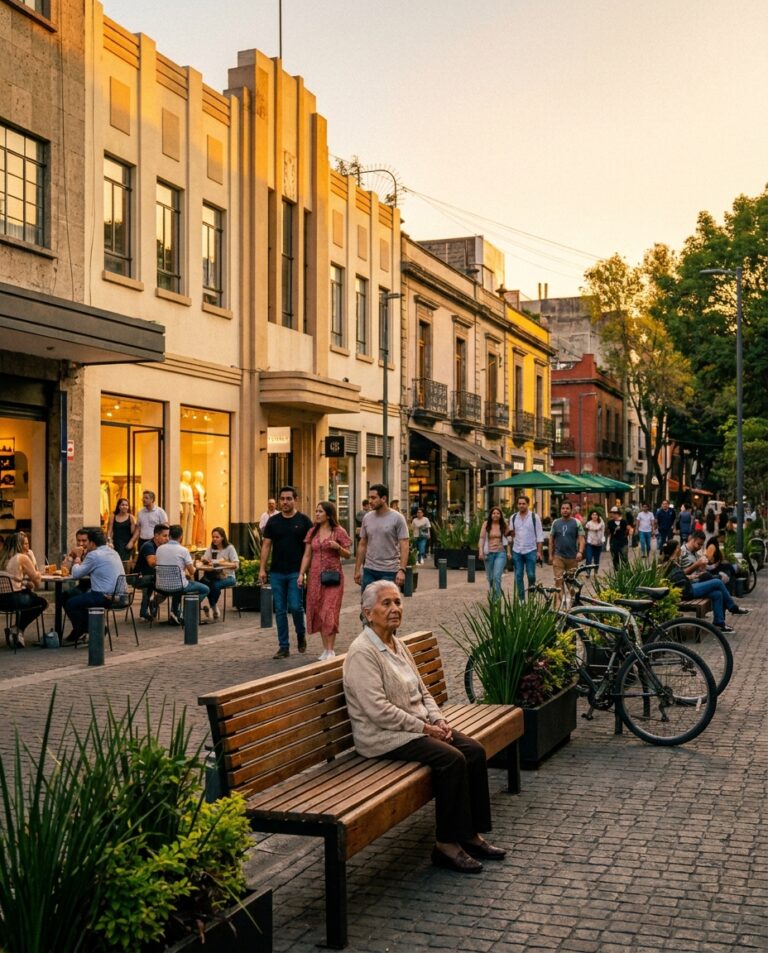 Calle peatonal con fachadas anaranjadas, banco de madera y bicicletas al atardecer, con personas paseando y un hombre mayor sentado.