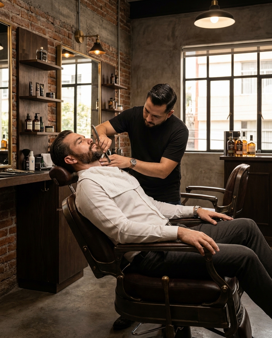 En una barbería de Roma Norte, el grooming masculino se vive con afeitado y corte de barba; ambiente de ladrillo, madera oscura y luz cálida.