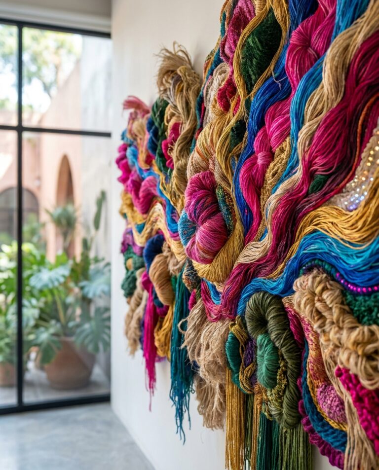 Textiles con hilos y flecos en colores vivos, en una galería de Roma Condesa, reflejando el arte textil contemporáneo en La Condesa, CDMX.