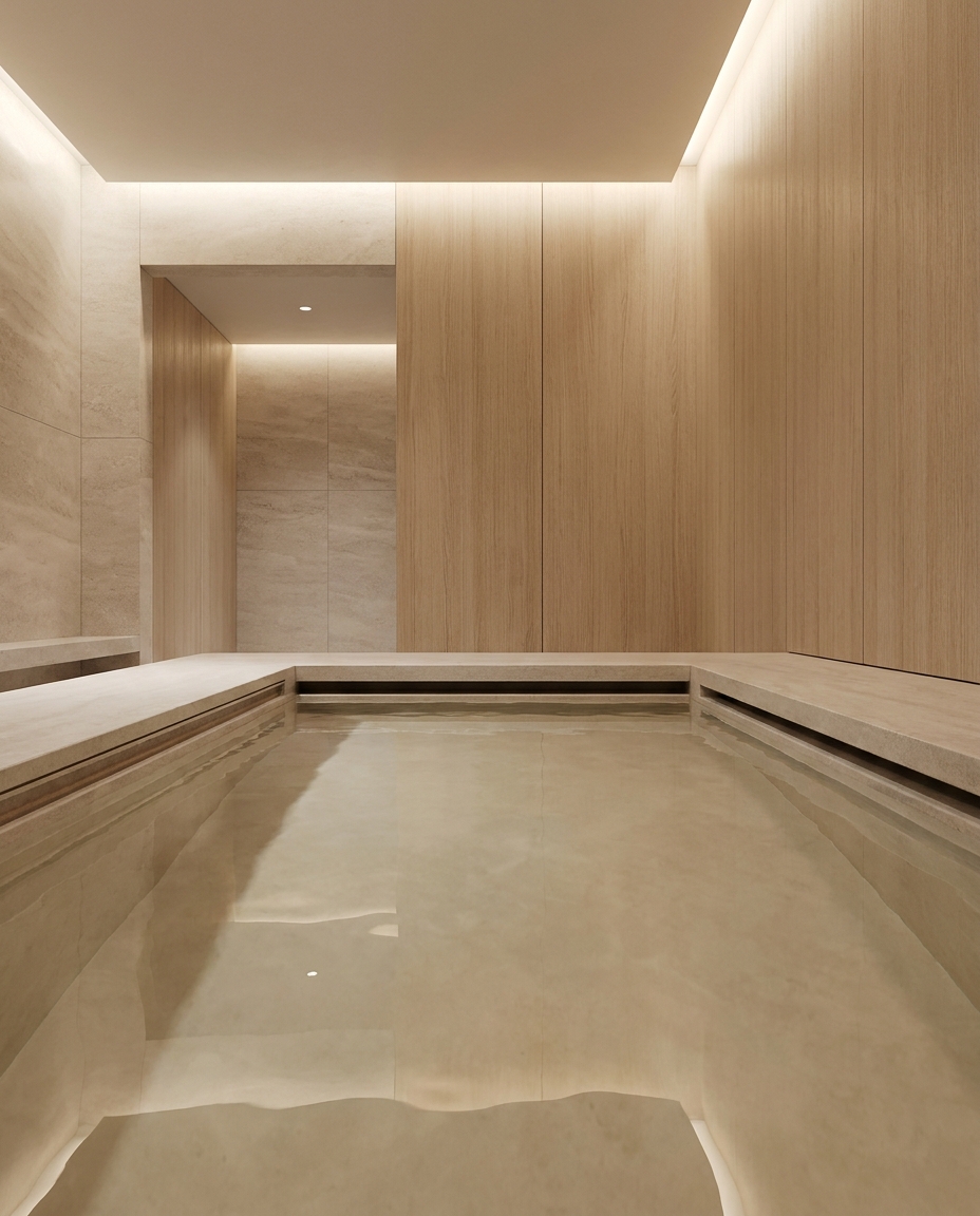 Interior de spa de lujo para la salud mental en Roma, con tanque de flotación y privación sensorial, paredes beige, madera y luz cálida.