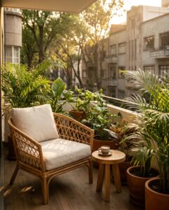 Balcón en la Condesa con sillón de madera, mesa redonda y café, rodeado de plantas verdes en un atardecer en CDMX.