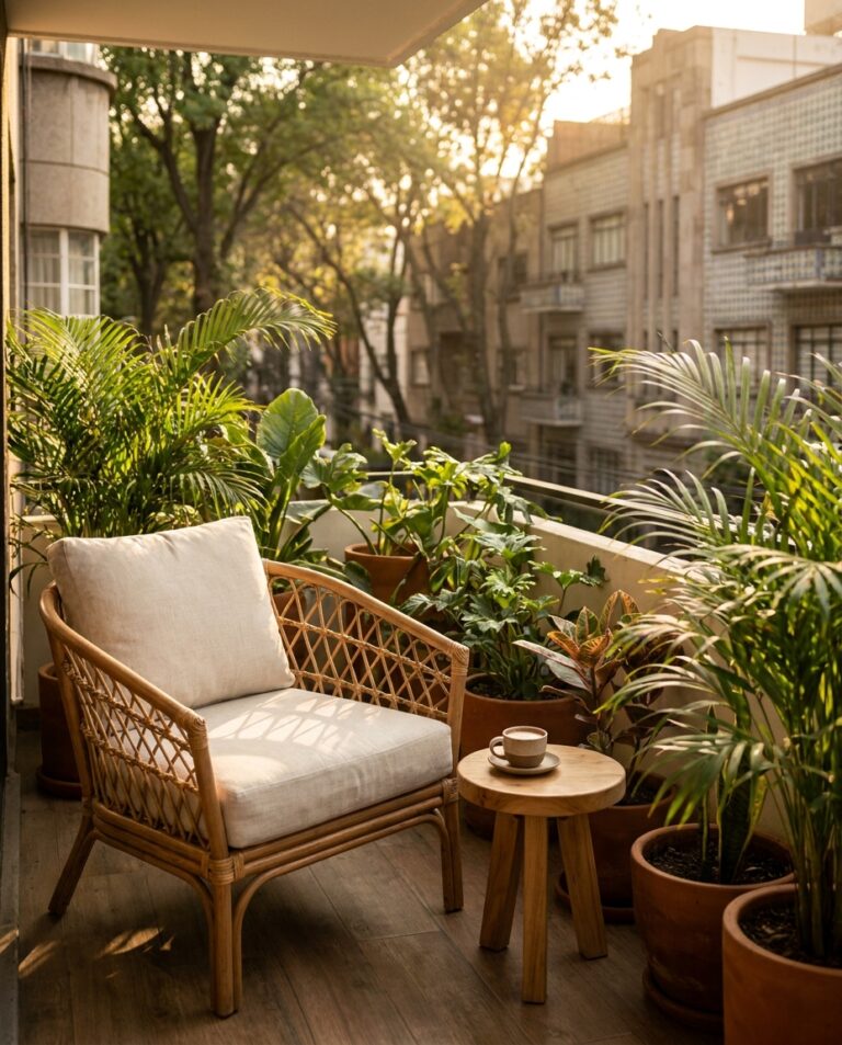 Balcón en la Condesa con sillón de madera, mesa redonda y café, rodeado de plantas verdes en un atardecer en CDMX.