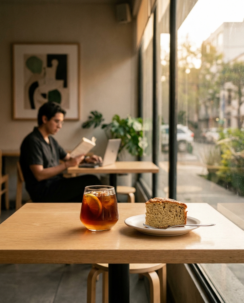 En Once Café sobre Diagonal San Antonio, una bebida ámbar en vaso de vidrio y panqué acompañan la pausa con luz cálida.