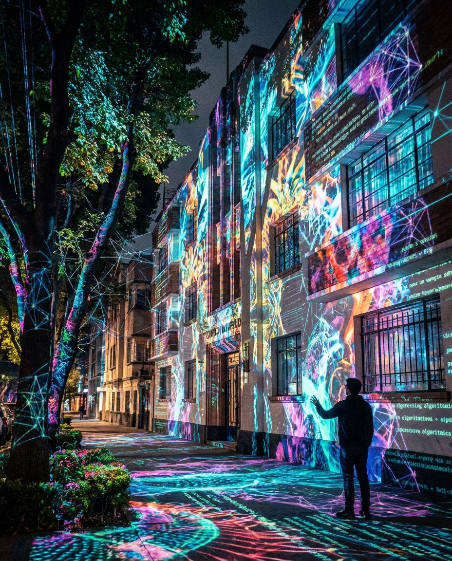 Proyección de arte generativo en la Condesa, con patrones neón multicolor sobre una fachada Art Decó y algoritmos de luz en la calle de Ciudad de México.