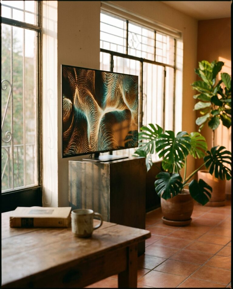 Pantalla con arte generativo de líneas fluidas en un estudio bañado de luz cálida, entre plantas y ventanales de la Condesa en CDMX.